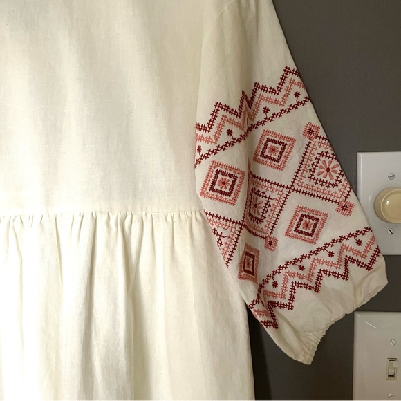 Madewell Embroidered Sleeve Linen Blend Popover Midi Dress in White Combo XS EUC - Picture 12 of 13